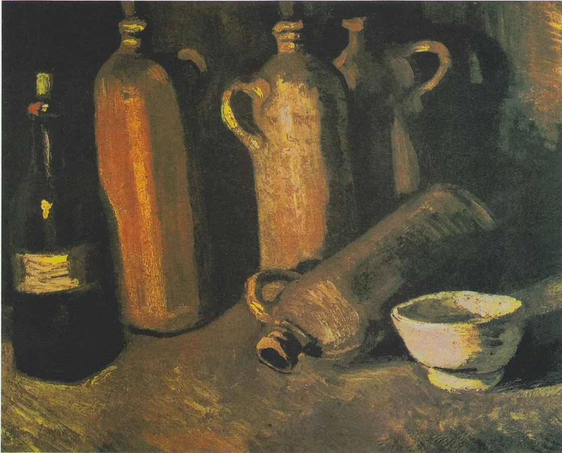 Still life with four jugs, bottles and white bowl.jpeg