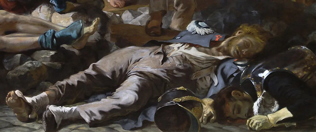 죽어있는 남자는 양말도 한쪽은 신겨있고, 다른쪽은 벗겨져 있습니다. 그림 오른쪽 하단에도 죽어있는 병사 두병이 보입니다. 발이 보이는 남자의 한쪽 신발은 찟겨져 사라져서 발 바닥이 보입니다. 맨 오른쪽 남자는 땅을 향해 엎어져 있습니다. 군모가 널브러져 있습니다..JPG