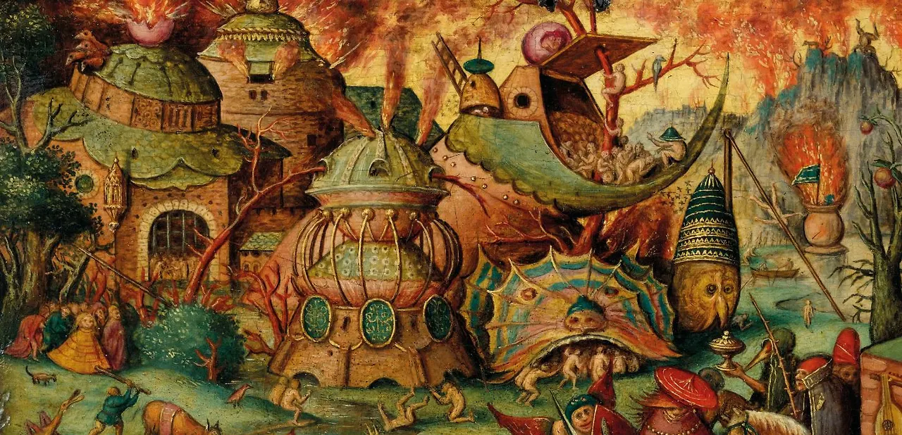 그림 후경에는 왜계에서 온 우주선 같은 것도 보이고, 메뚜기 다리를 한 오리, 소를 때리는 남자, 목도리 도마뱀 같은 텐트로 들어가는 사람들, 부엉이 얼굴, 불이난 건물과 산, 배 등이 심난하게 그려져 있습니다..JPG