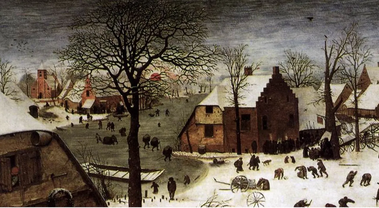 상단에는 피터의 다른 그림처럼 마을의 풍경입니다. 이 지역은 강이 있는 곳인지 강이 얼어 있는 모습입니다. 강을 건너는 용도로 보이는 배는 얼음속에 갇혀 있고, 건너편에서 등에 짐을 진 어른들이 강을 건넙니다.JPG