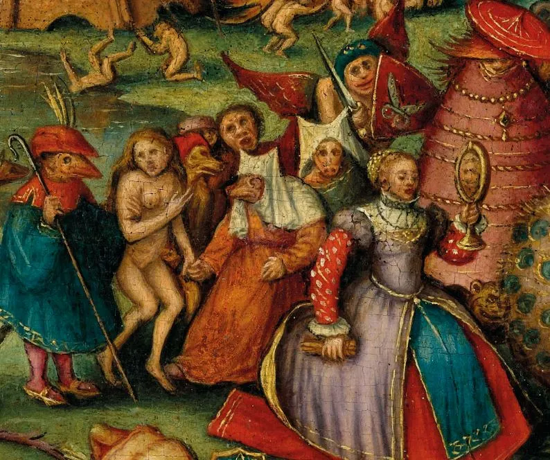 가장 눈에 띄는 것은 중앙에 옷을 멋지게 차려입은 왕비 같은 사람이 화려한 옷(붉은 치마, 청색 앞치마)을 입고 가는 행렬입니다. 왕비님은 거울을 들고 있고 그 뒤로 시녀들 같은데 모두 두더지나 돼지같은 동물 얼굴을 하고 있습니다..JPG