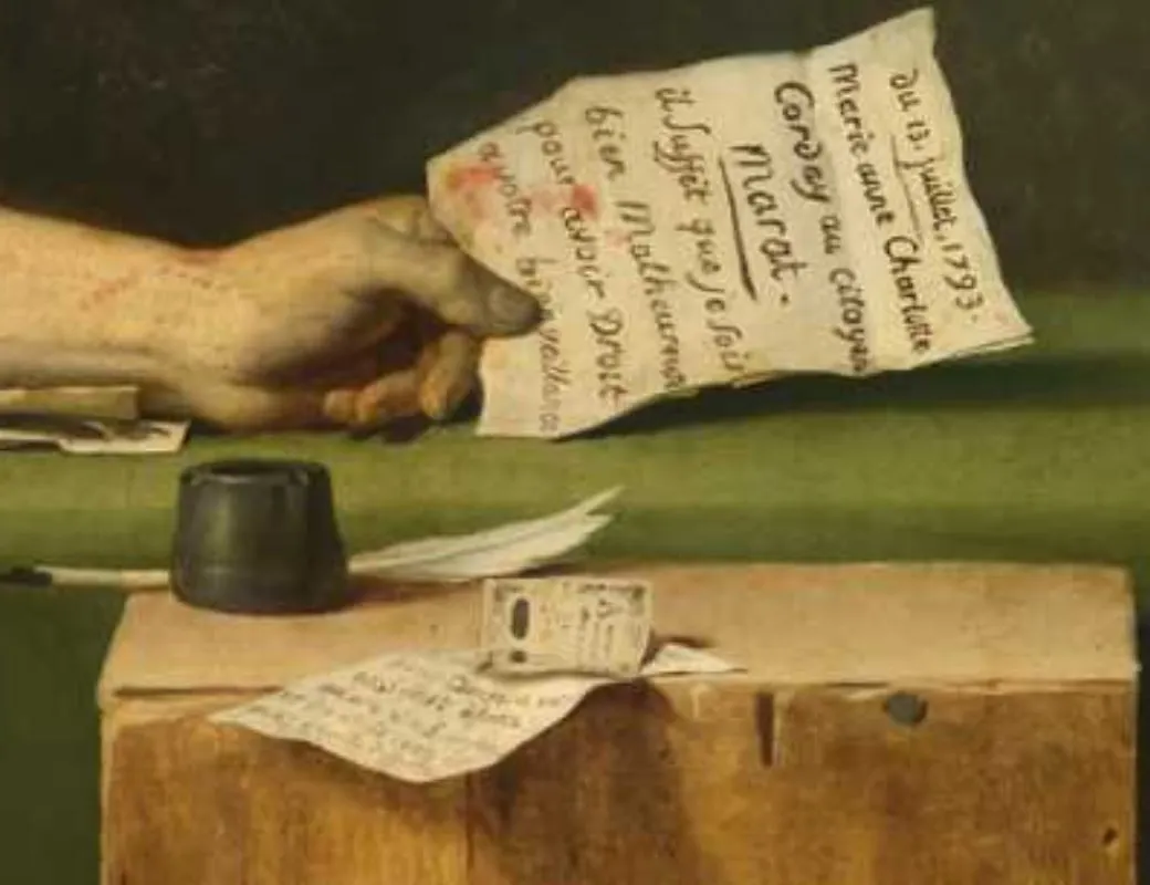 이 남자의 왼손에는 막 쓴 듯한 메모, 혹은 편지가 들려져 있습니다. 엄지 손끝이 죽은 사람처럼 검푸르게 변해 있습니다. 불어같은데 이름은 하나 보입니다. Marat. 그 앞에는 잉크통과 깃텃 펜, 그리고 추가의 종이와 노트한 내용이 보입니다.JPG