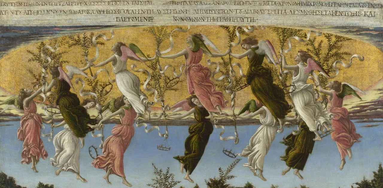 첫사들이 큰 원을 이루면서 하늘로 올라가는 모습입니다. 12명의 천사는 핑크색, 갈색, 하얀색을 4명씩 입고 있습니다. 이들은 손을 잡고 있기도 하지만 손 가운데 나무 가지를 함께  들고 있습니다. 나무 끝에는 왕관이 달려있습니다..JPG