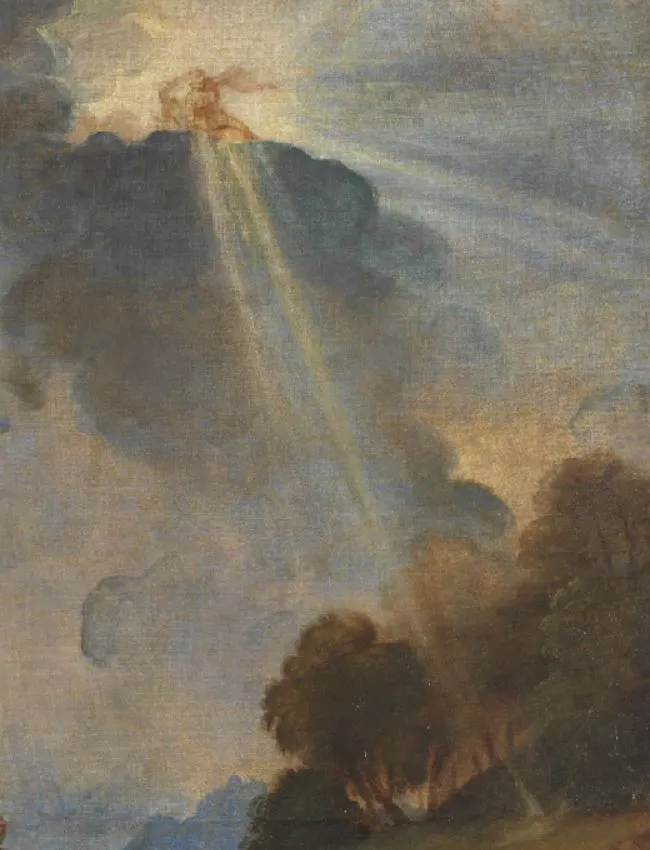 하늘에서 빛이 내려옵니다. 구름 위에는 어떤 형상이 보이는데 무엇인지 구분은 잘 안됩니다..JPG