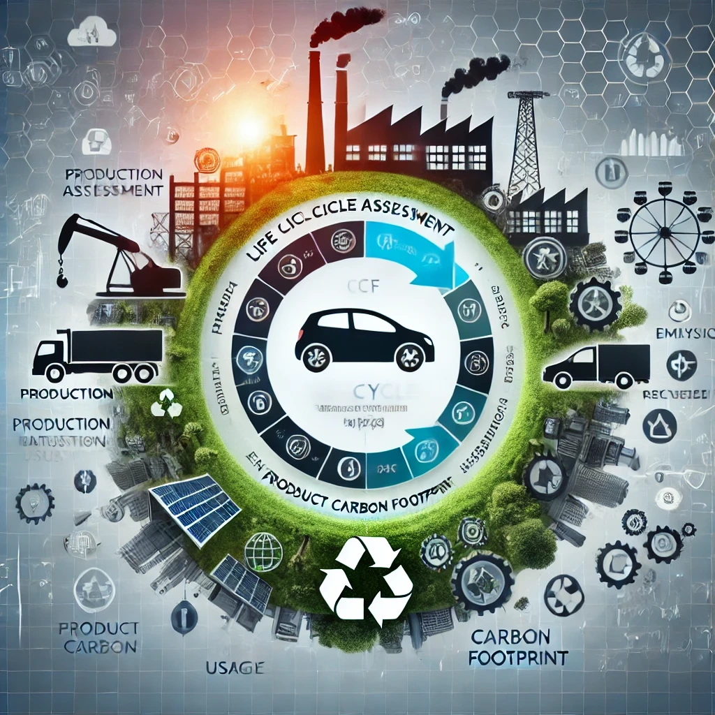 DALL·E 2024-10-05 15.52.39 - An image representing Life Cycle Assessment (LCA) and Product Carbon Footprint (PCF) in relation to vehicles. The image should depict the full life cy.JPG