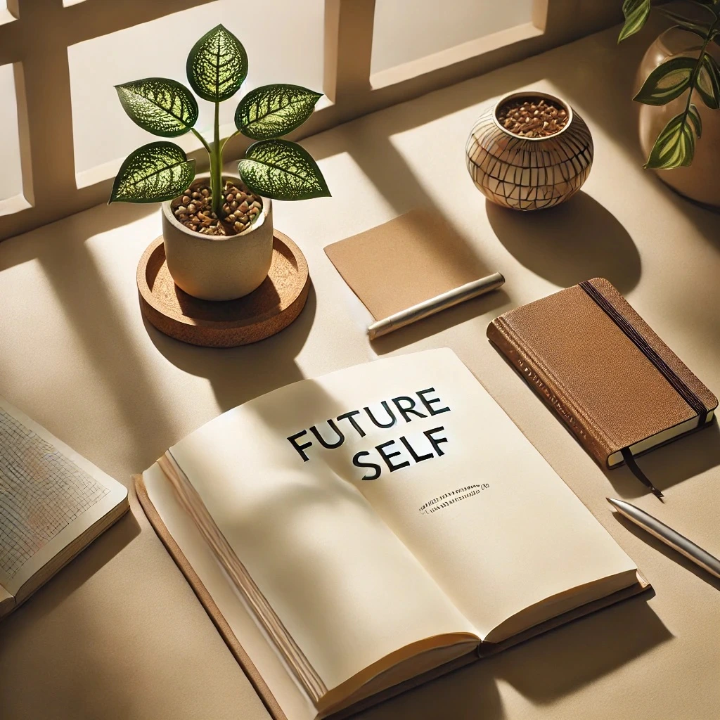 DALL·E 2024-11-24 16.23.40 - A serene and minimalist desk setup with an open self-help book placed in the center, titled 'Future Self'. The book is surrounded by a notebook, a pen.jpeg
