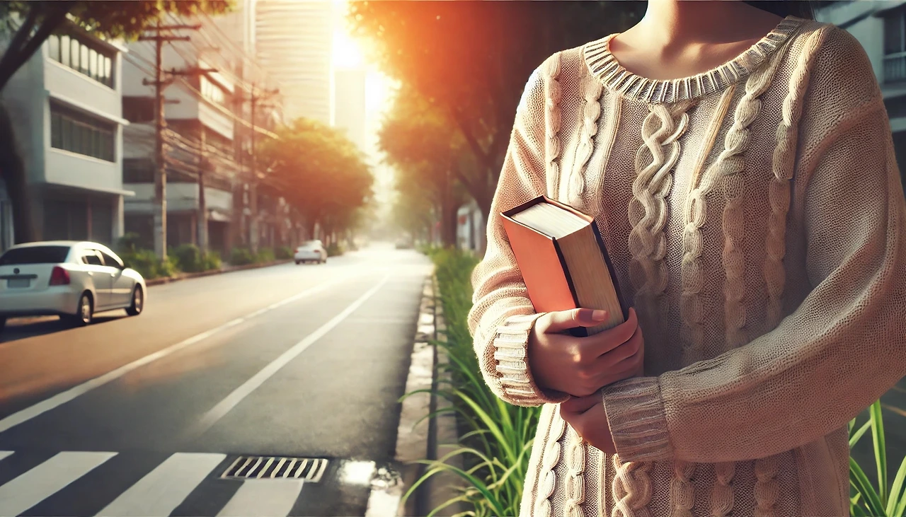 DALL·E 2024-12-01 15.31.46 - A realistic and warm image of a person walking on a peaceful urban street in the morning while holding a book close to their chest. The person appears.jpeg