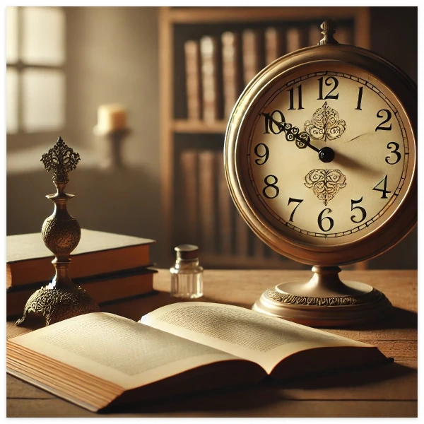 DALL·E 2024-12-07 21.48.00 - A minimalist and serene image featuring an open book placed on a wooden table, next to an elegant vintage-style clock. The scene is softly lit with wa.jpeg