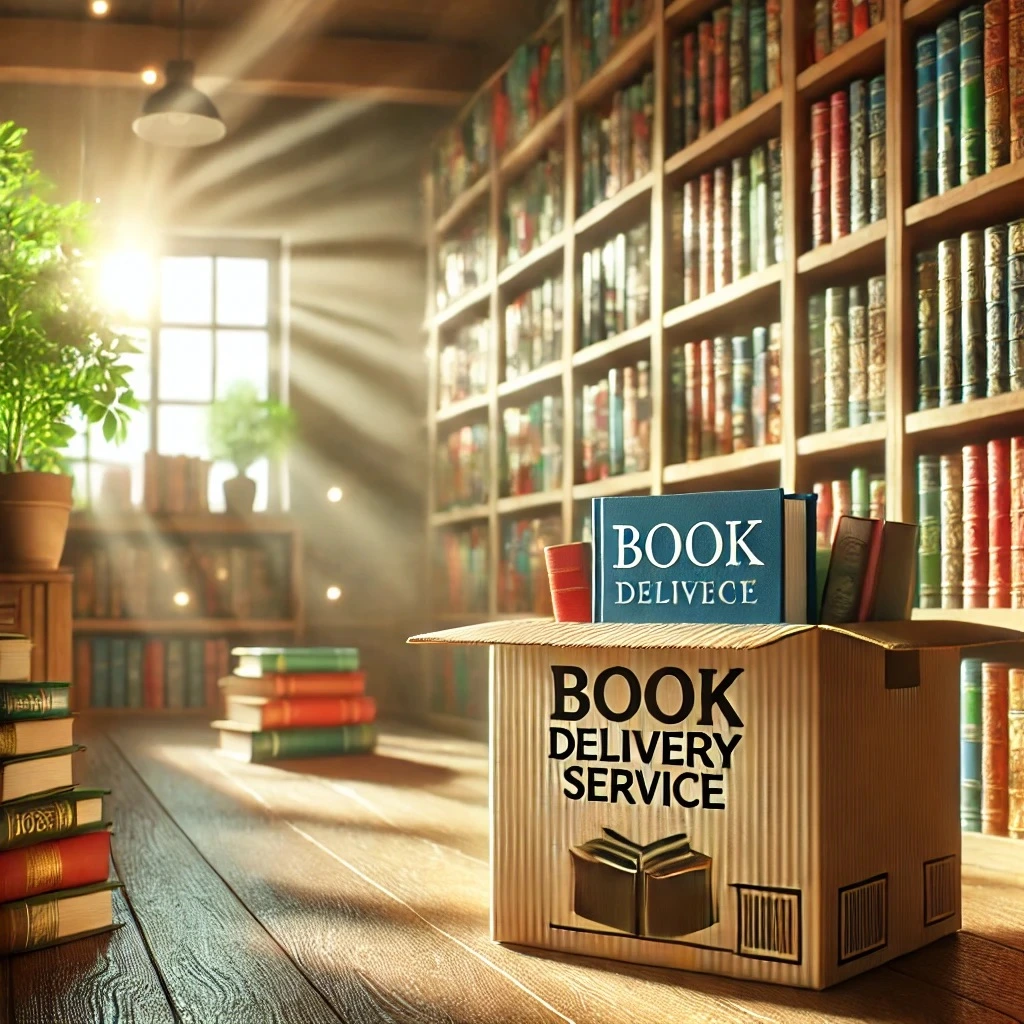 DALL·E 2024-12-13 21.44.46 - A cozy and inviting library with bookshelves filled with colorful books. In the foreground, a delivery box with a book inside, symbolizing the concept.jpeg