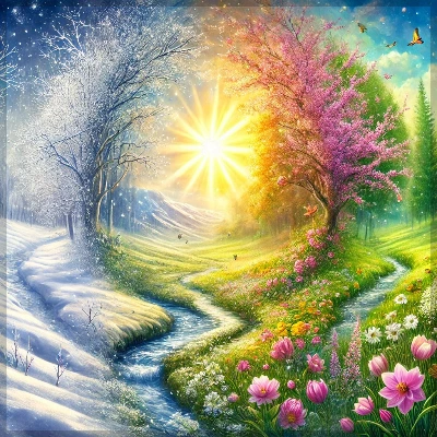DALL·E 2024-12-07 21.51.20 - A serene and artistic representation of seasonal transition from late winter to spring and into summer, featuring a peaceful landscape where snow melt.jpeg