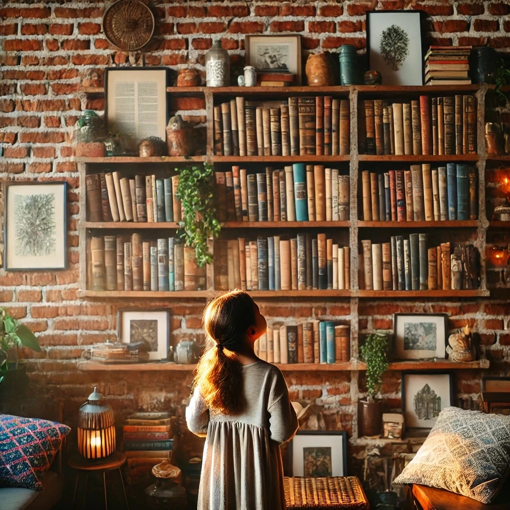 DALL·E 2024-11-25 21.18.47 - A cozy living room with a young girl, around 8 years old, looking up at a large brick bookshelf filled with books. The bookshelf has a handmade, rusti.jpeg