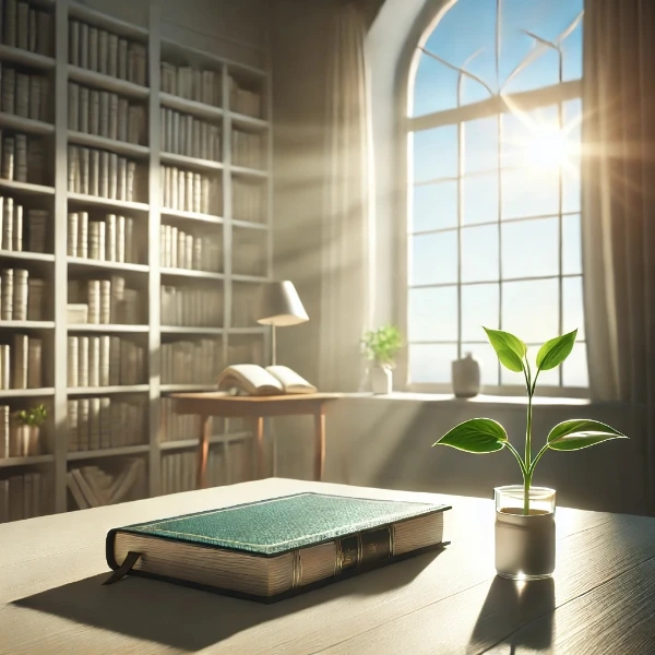 DALL·E 2024-12-08 19.43.11 - A serene and inspiring scene symbolizing a new beginning, featuring a quiet library corner with an open book on a table, sunlight streaming through la.jpeg