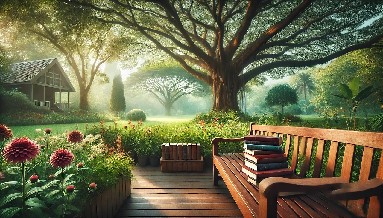 DALL·E 2024-12-14 20.24.19 - A wide-angle view of a peaceful park scene from a distance. The image captures a wooden bench placed under a large tree, with several books stacked ne.jpeg