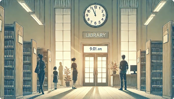 DALL·E 2024-12-11 23.08.51 - A serene illustration of a library entrance with a clock showing 9_01 AM, and a few people standing near the doorway, depicting the start of a day at .jpeg