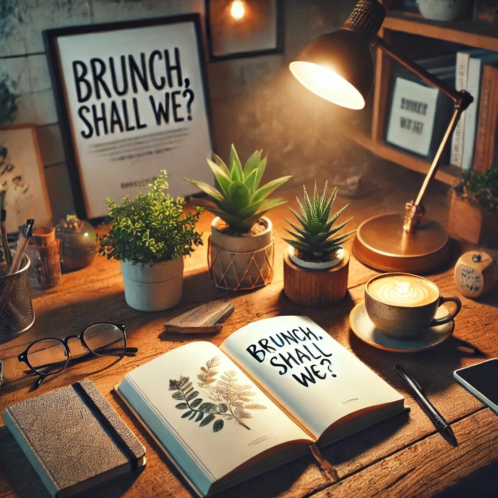 DALL·E 2024-11-24 20.37.58 - A cozy and inspiring workspace with an open book titled 'Brunch, Shall We_' on a rustic wooden desk. Beside the book, there's a freshly brewed cup of .jpeg