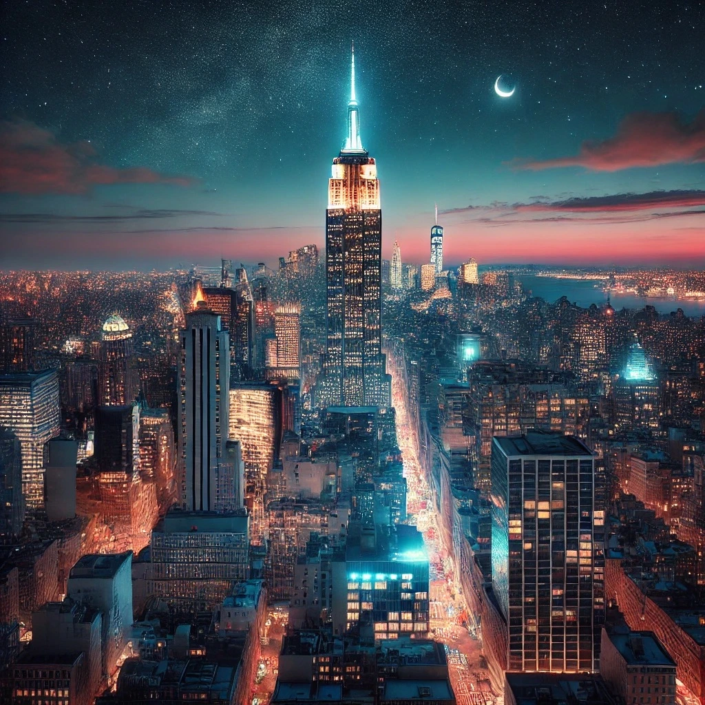 DALL·E 2024-12-14 17.46.52 - A stunning night view of the Empire State Building with the city skyline in the background. The Empire State Building is illuminated with its iconic l.jpeg