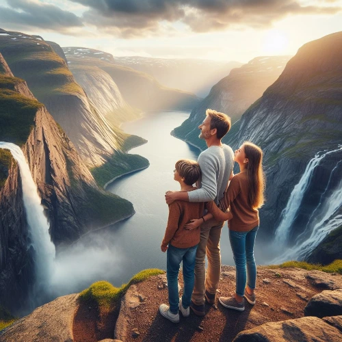피오르드를 바라보는 아빠와 아이들.jfif