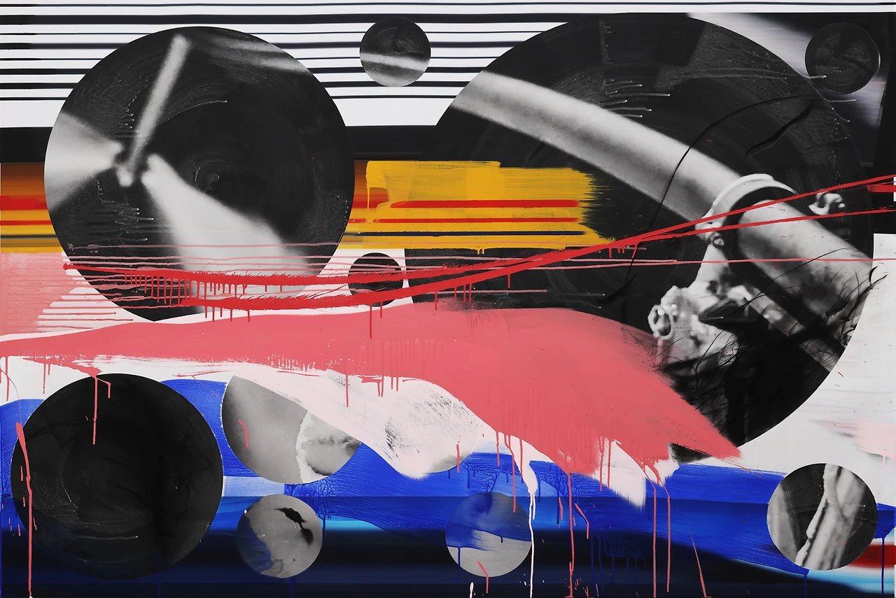 김지혜, 아름다운 거짓말, acrylic, charcoal, photo print on canvas, 193x128cm, 2025.JPG