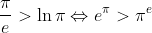 gif.latex?%5Cfrac%7B%5Cpi%7D%7Be%7D%20%3E%20%5Cln%20%5Cpi%20%5CLeftrightarrow%20e%5E%5Cpi%3E%5Cpi%5Ee