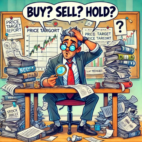 DALL·E 2025-03-19 15.16.42 - A lighthearted and humorous illustration of a stock analyst sitting at a cluttered desk, surrounded by stacks of research reports, looking puzzled and.jpeg