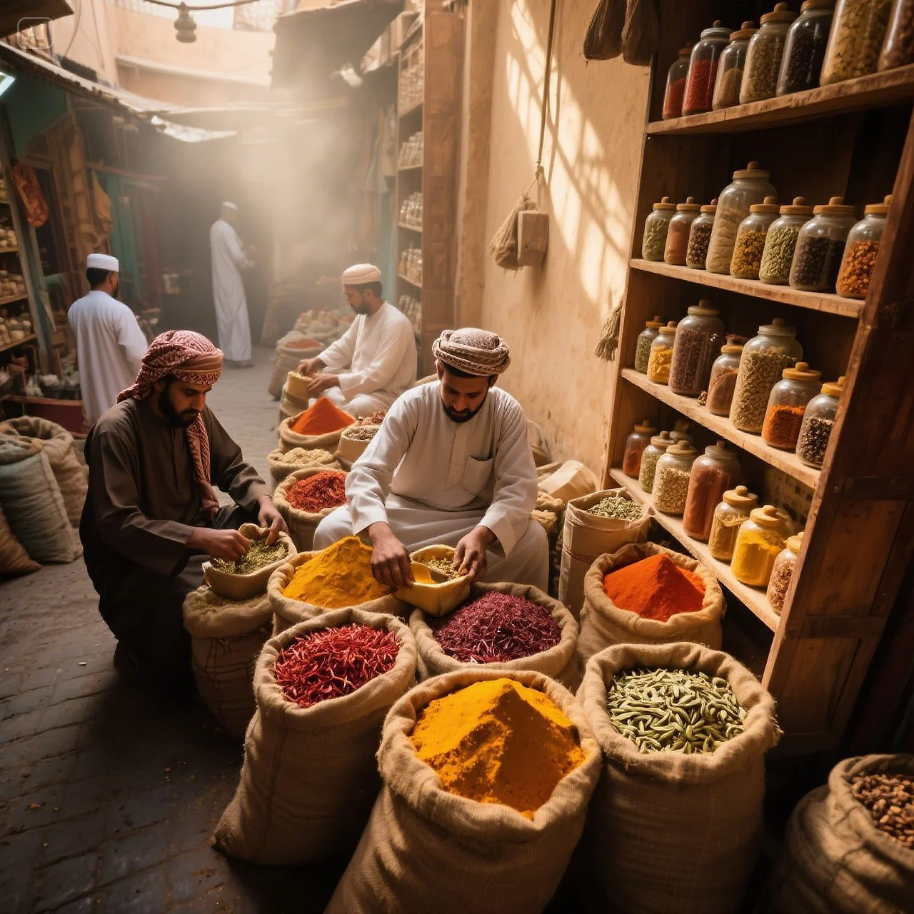 jimeng-2025-05-28-933-“An indoor traditional spice market in Old Dubai with burlap sacks full of col....jpeg