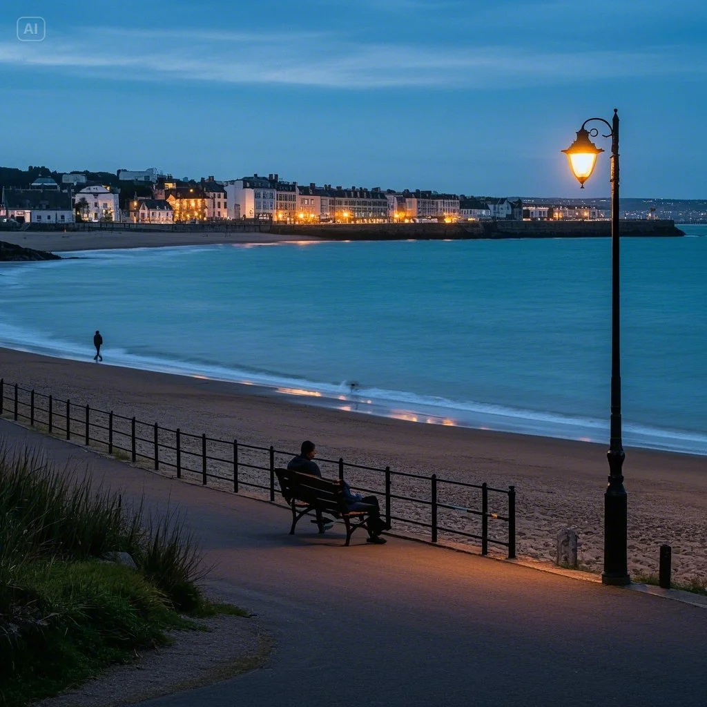 jimeng-2025-05-13-411-[둘째 사진] 코니쉬 비치 밤 풍경장소_ 코니쉬 해변 걷는 길, 바다 넘어 마리나몰 방향포인트_ 조깅하는 사람, 벤치에 앉은 사람, 바닷가 ....jpeg