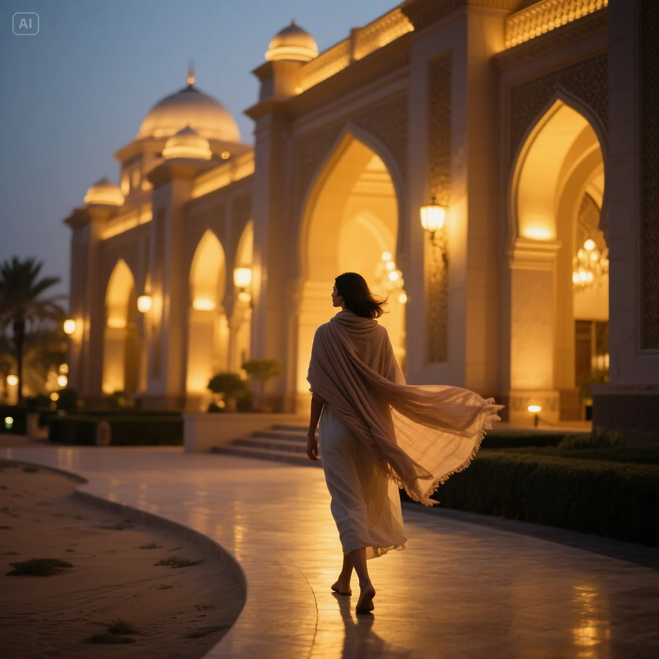 jimeng-2025-05-18-34-_Back view of a woman walking alone outside Emirates Palace at dusk, flowing sc....jpeg