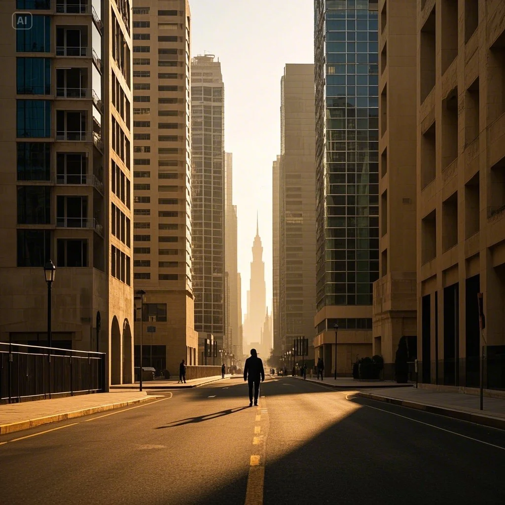 jimeng-2025-05-14-613-아부다비 함단 스트리트 빌딩 숲.. 그림자.. 혼자 걷는 동양인.. 나를 찾았다...jpeg