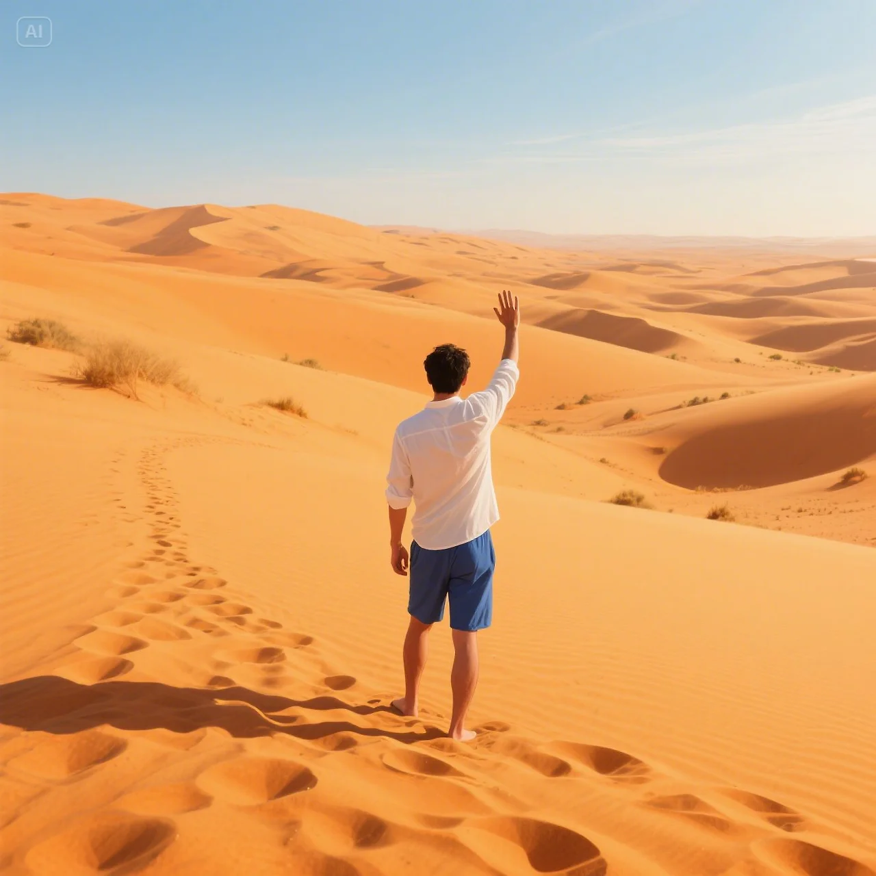 jimeng-2025-05-09-78-사막위의 한 남성, 손을 들고 잇는 모습.jpeg