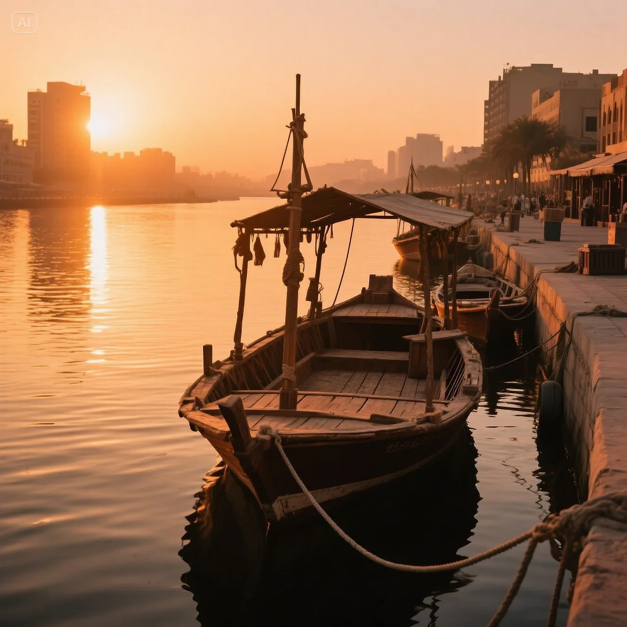 jimeng-2025-05-28-941-“Golden hour over Dubai Creek, soft warm sunlight reflecting on the water, tra....jpeg