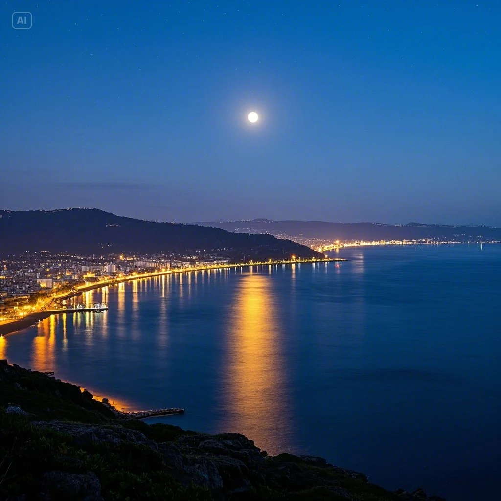jimeng-2025-05-13-418-바다와 도시 불빛이 어우러진 사진감정_ ‘고요한 바다에 안긴 마음의 쉼’.jpeg