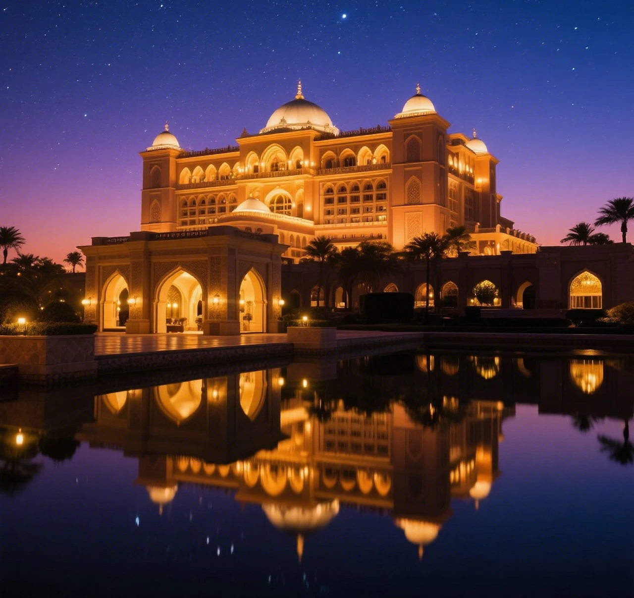 jimeng-2025-05-18-35-_Nighttime view of Emirates Palace Hotel glowing under starlit sky, golden ligh....jpeg