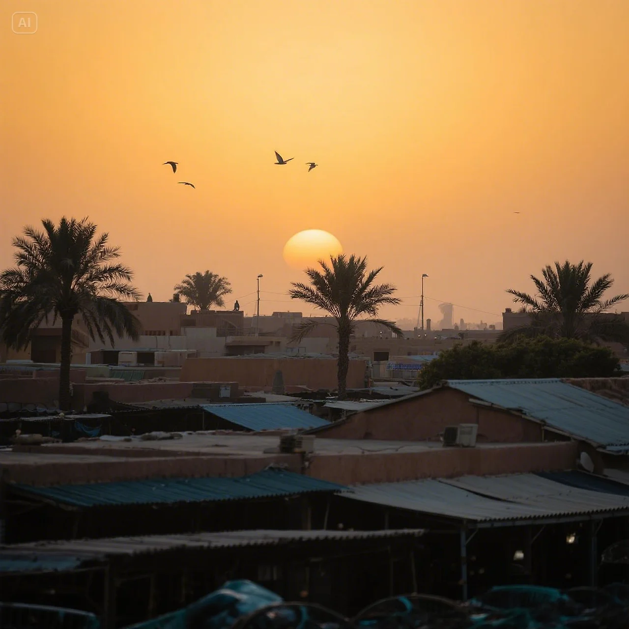 jimeng-2025-05-19-719-Golden sunset sky over the rooftops of Abu Dhabi’s traditional fish market. Fa....jpeg