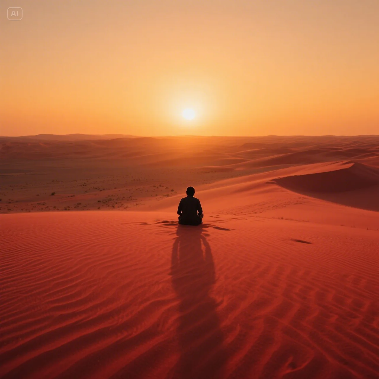 jimeng-2025-05-21-864-A solitary figure sitting on the red sand dunes of Liwa Desert at sunset, long....jpeg