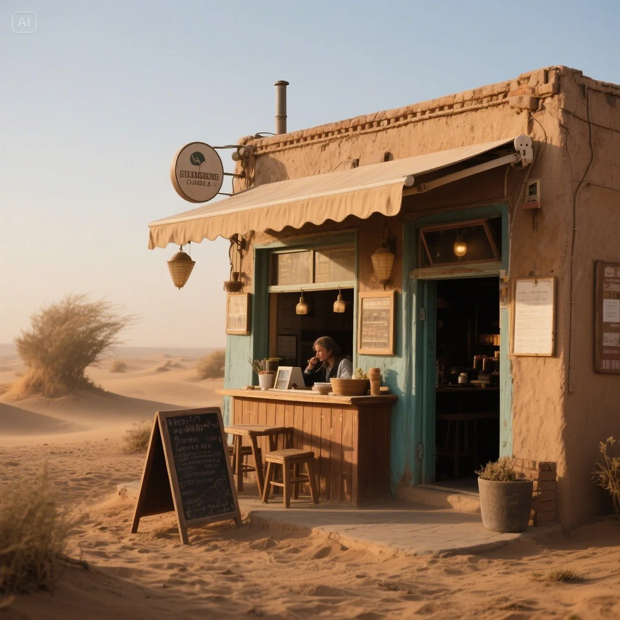 jimeng-2025-05-11-306-먼지 바람 속 작은 카페 - 따뜻한 시선과 낯선 온기.jpeg