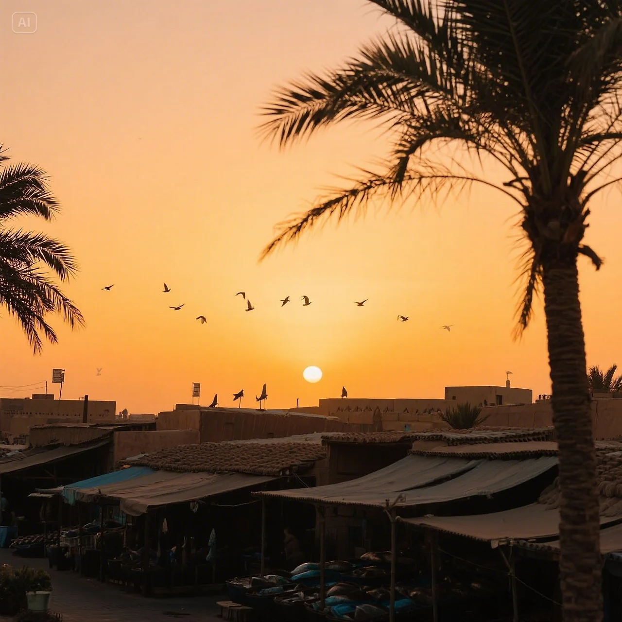 jimeng-2025-05-19-718-Golden sunset sky over the rooftops of Abu Dhabi’s traditional fish market. Fa....jpeg