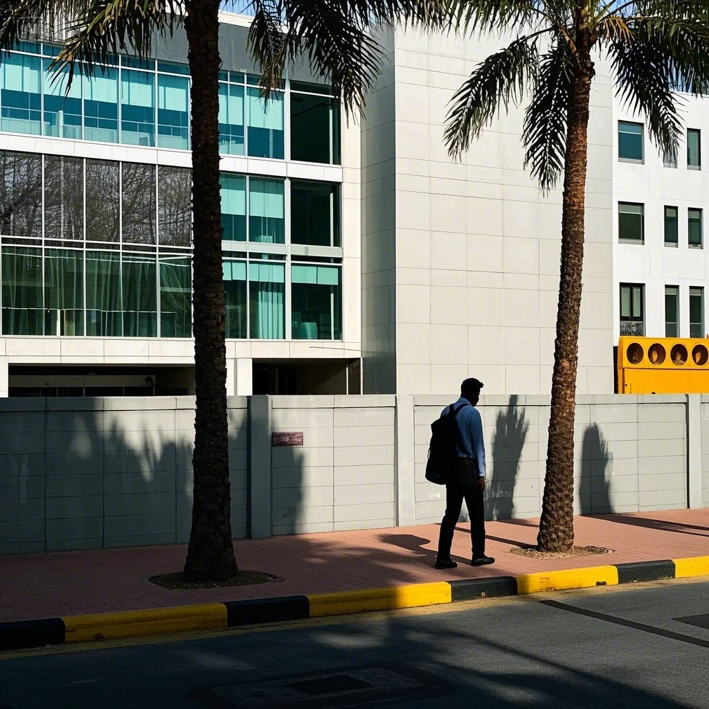 jimeng-2025-05-14-612-아부다비 함단 스트리트 빌딩 숲.. 그림자.. 혼자 걷는 동양인.. 나를 찾았다...jpeg