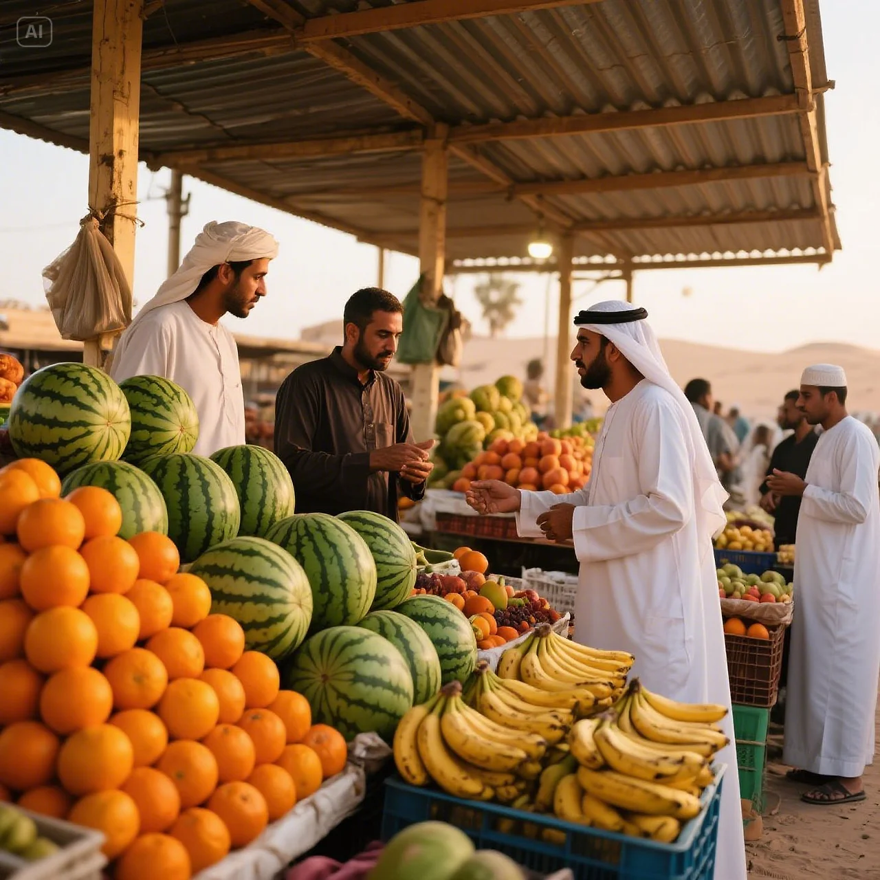 jimeng-2025-05-19-710-A vibrant fruit market in Abu Dhabi with stacked oranges, watermelons, and ban....jpeg