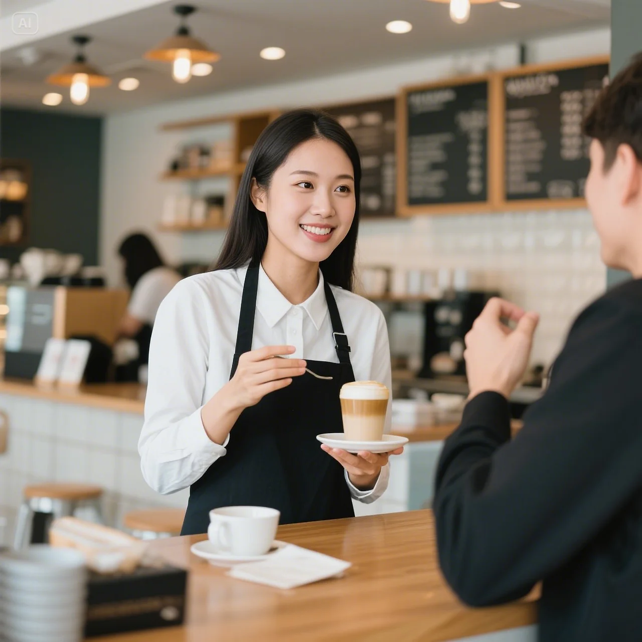 jimeng-2025-05-11-309-카페에서 손님 앞에 선 여인 라떼를 시킴.jpeg