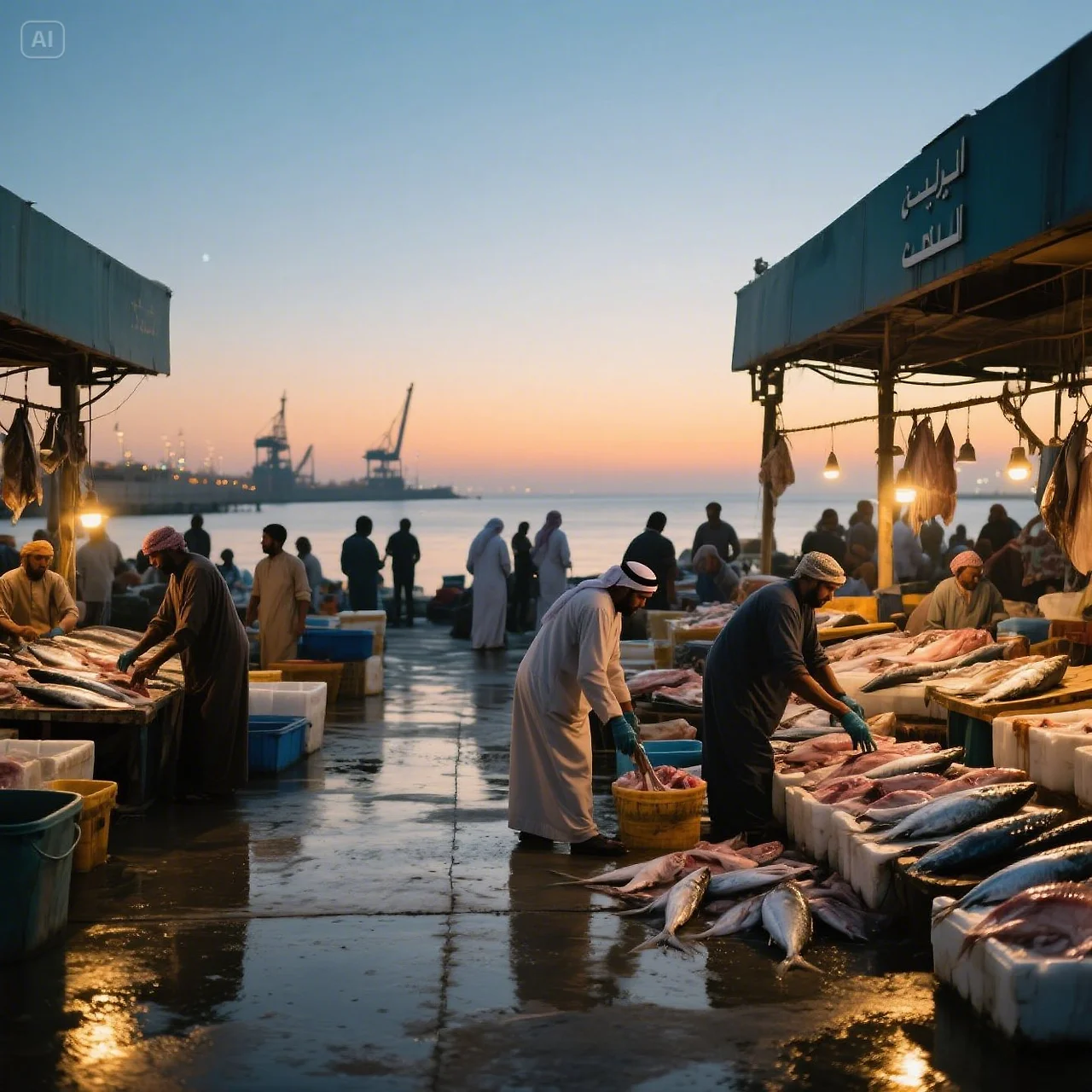 jimeng-2025-05-19-712-A bustling fish market near the Abu Dhabi port at dusk. Fresh fish on ice, fis....jpeg