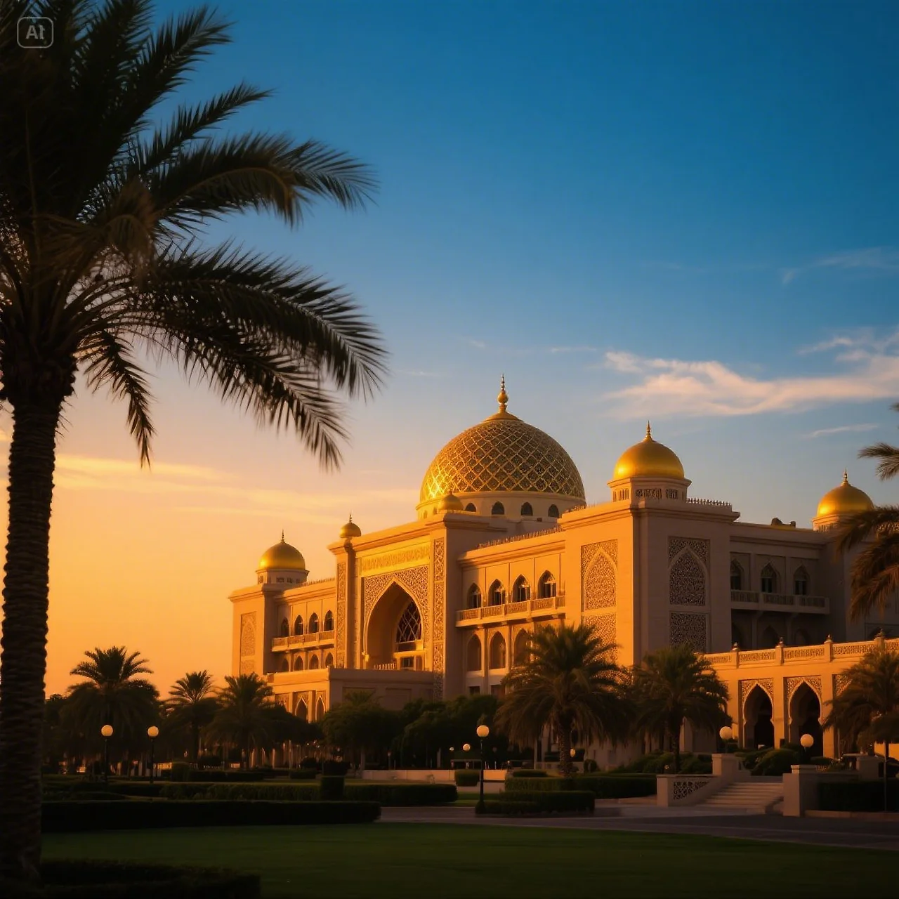 jimeng-2025-05-18-30-_Golden hour view of Emirates Palace Hotel in Abu Dhabi, glowing golden domes, ....jpeg