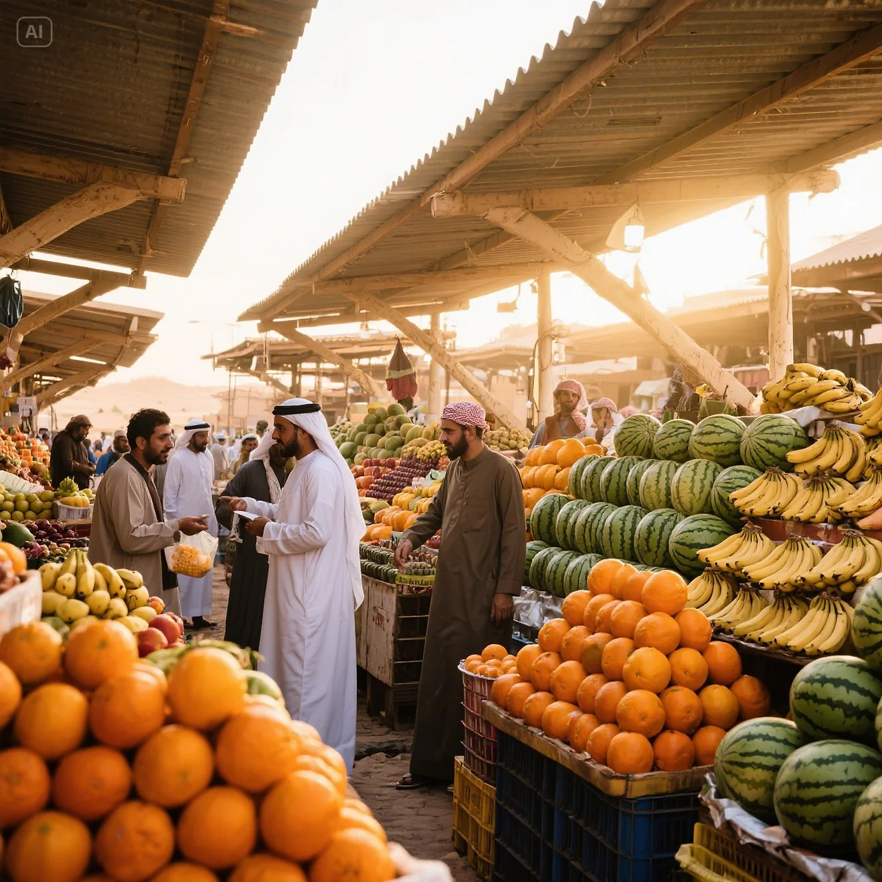 jimeng-2025-05-19-708-A vibrant fruit market in Abu Dhabi with stacked oranges, watermelons, and ban....jpeg