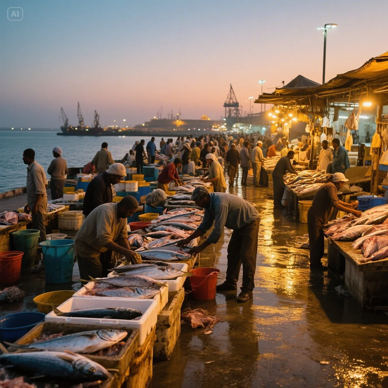 jimeng-2025-05-19-711-A bustling fish market near the Abu Dhabi port at dusk. Fresh fish on ice, fis....jpeg