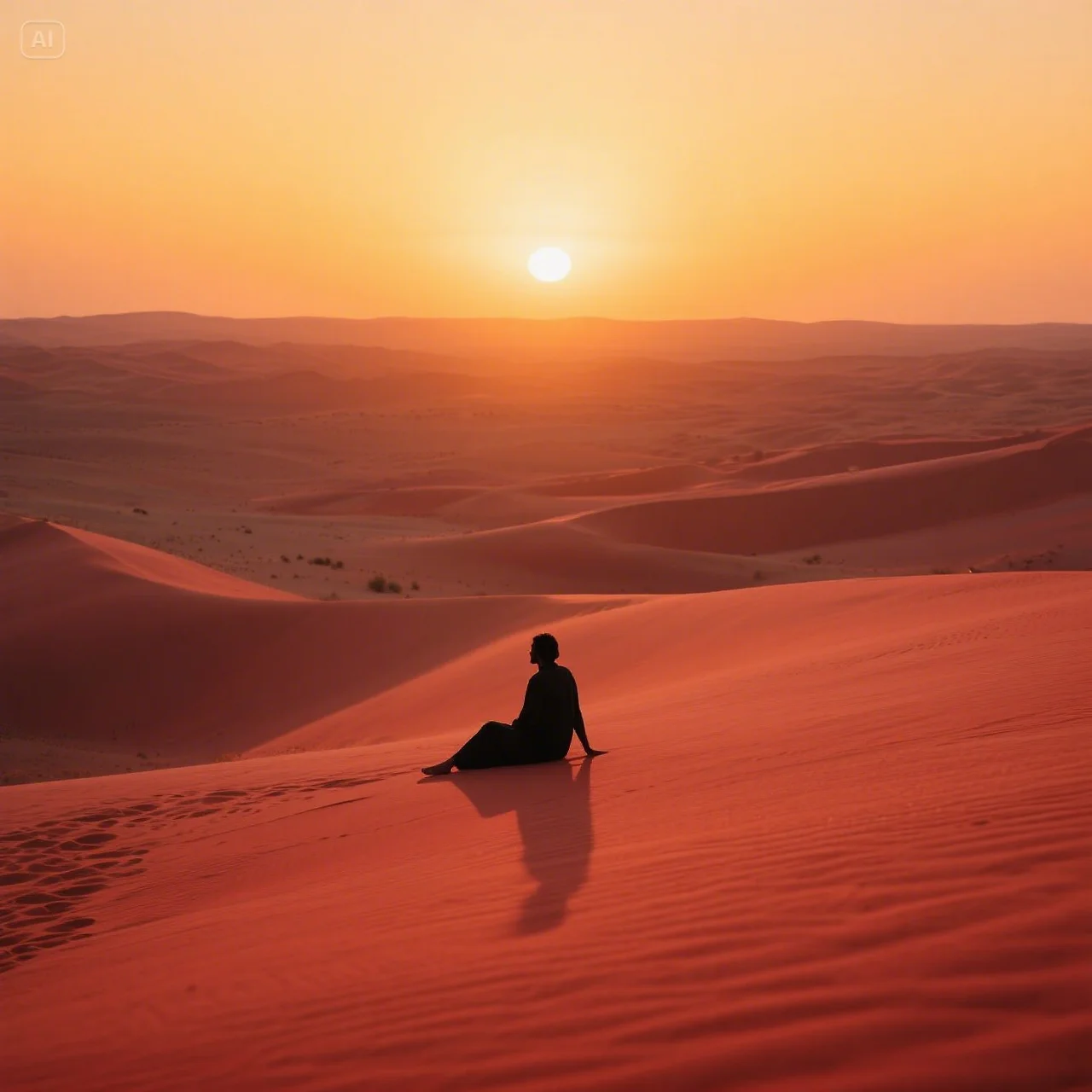 jimeng-2025-05-21-863-A solitary figure sitting on the red sand dunes of Liwa Desert at sunset, long....jpeg