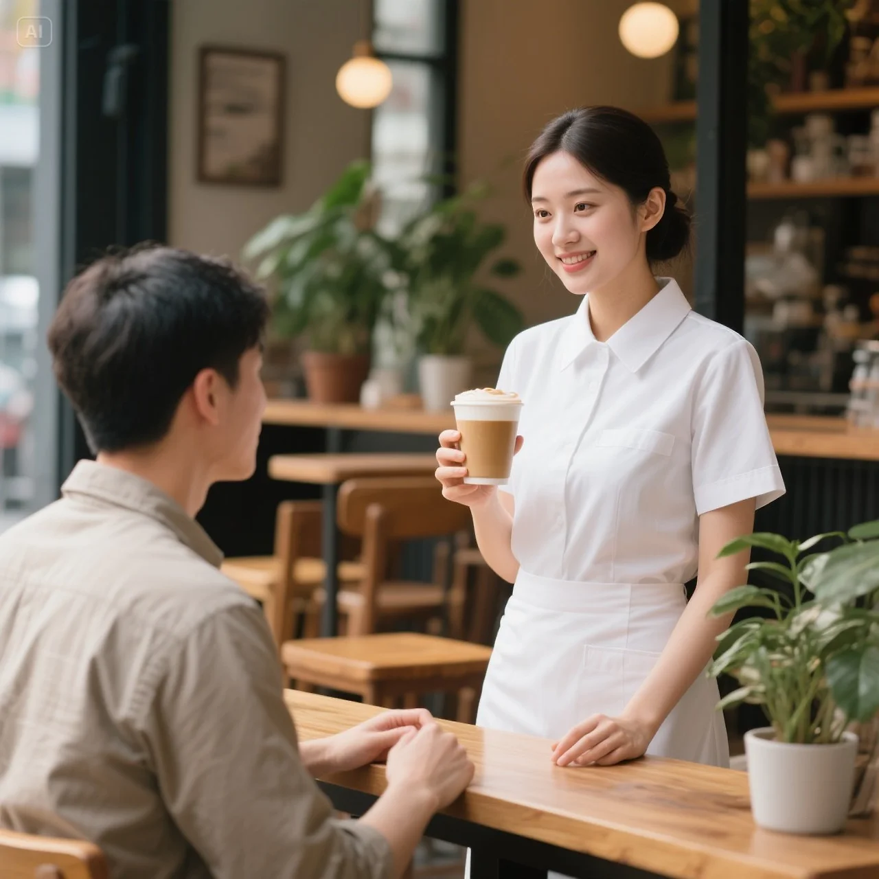 jimeng-2025-05-11-308-카페에서 손님 앞에 선 여인 라떼를 시킴.jpeg