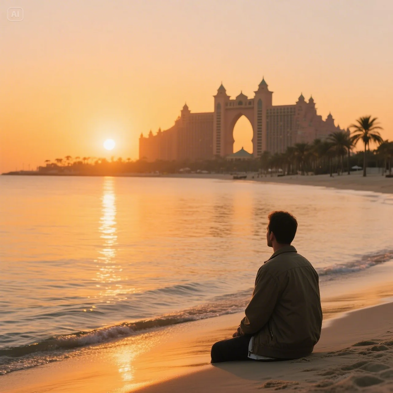 jimeng-2025-05-28-947-“A quiet beach scene at Palm Jumeirah during golden hour. A lone figure sittin....jpeg