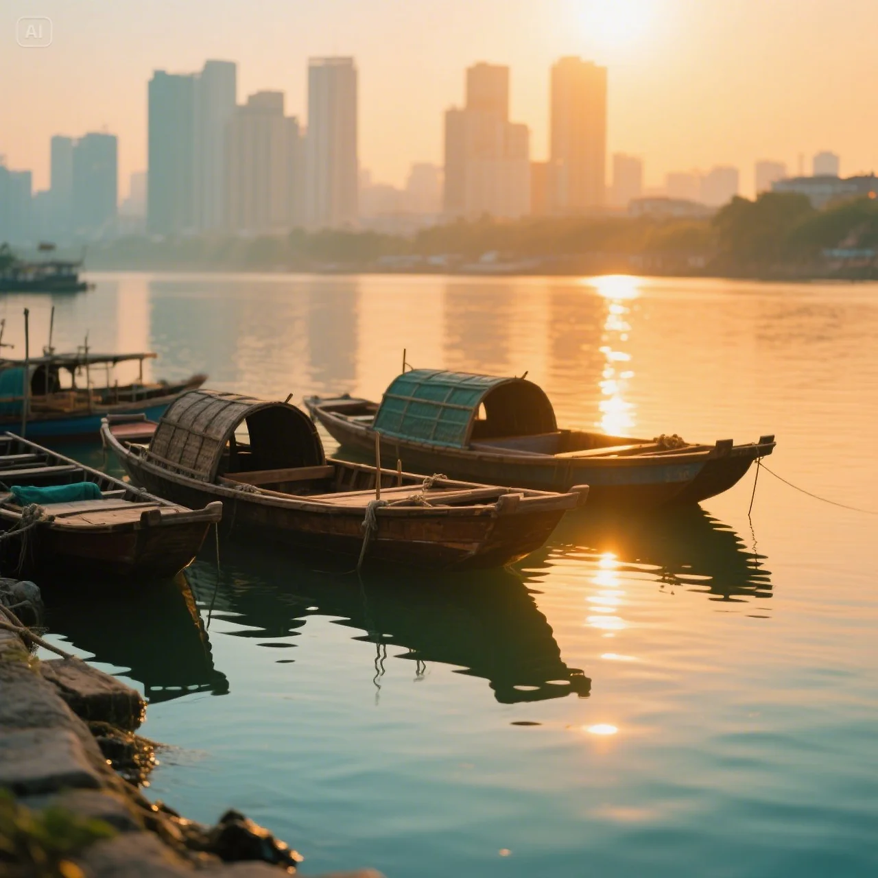 jimeng-2025-05-28-942-“Golden hour over Dubai Creek, soft warm sunlight reflecting on the water, tra....jpeg