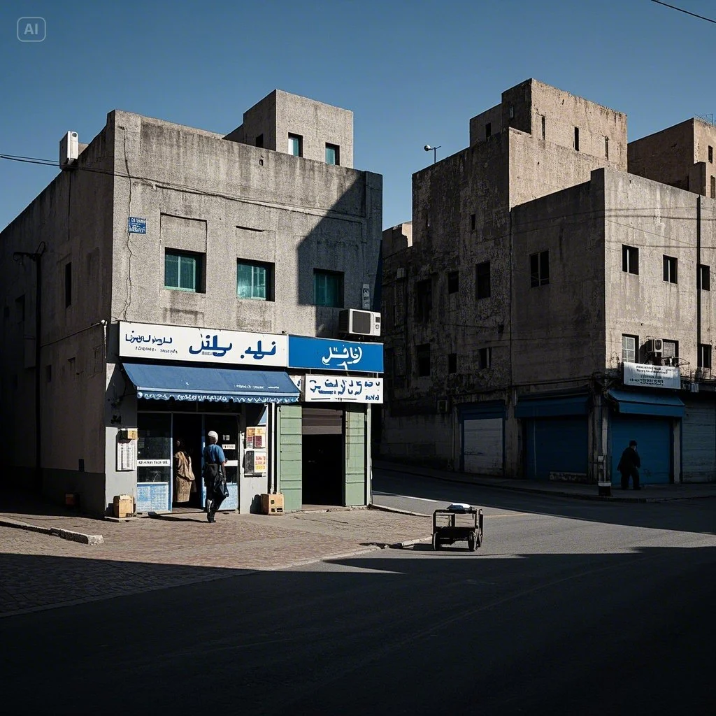 jimeng-2025-05-13-415-[넷째 사진] 귀가길 회색 건물들 (에어포트 로드)장소_ 함단 스트리트 구도심포인트_ 오래된 상점, 어둠 속 사람 그림자역할_ 평범한 일상에....jpeg