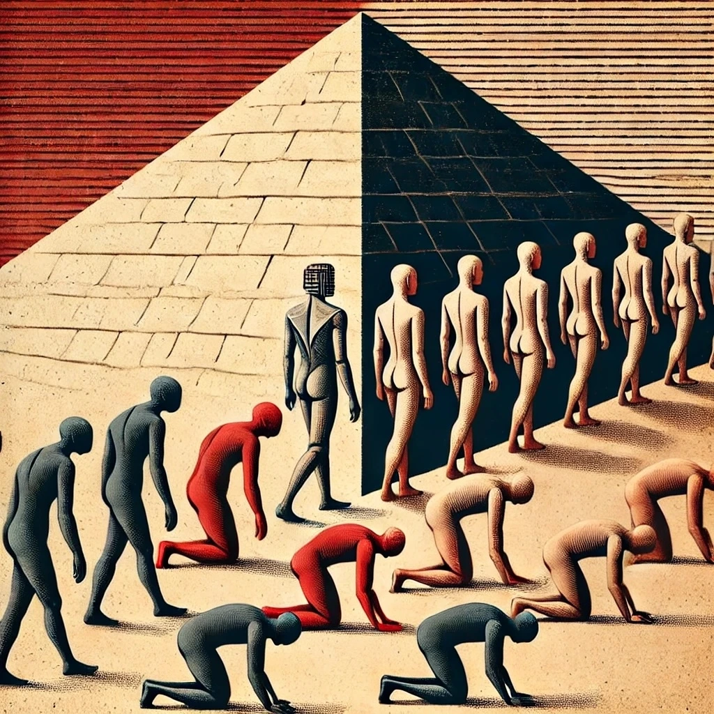 양분된 피라미드, 무릎 꿇은 인간, 걸어 나오는 인물..jpeg