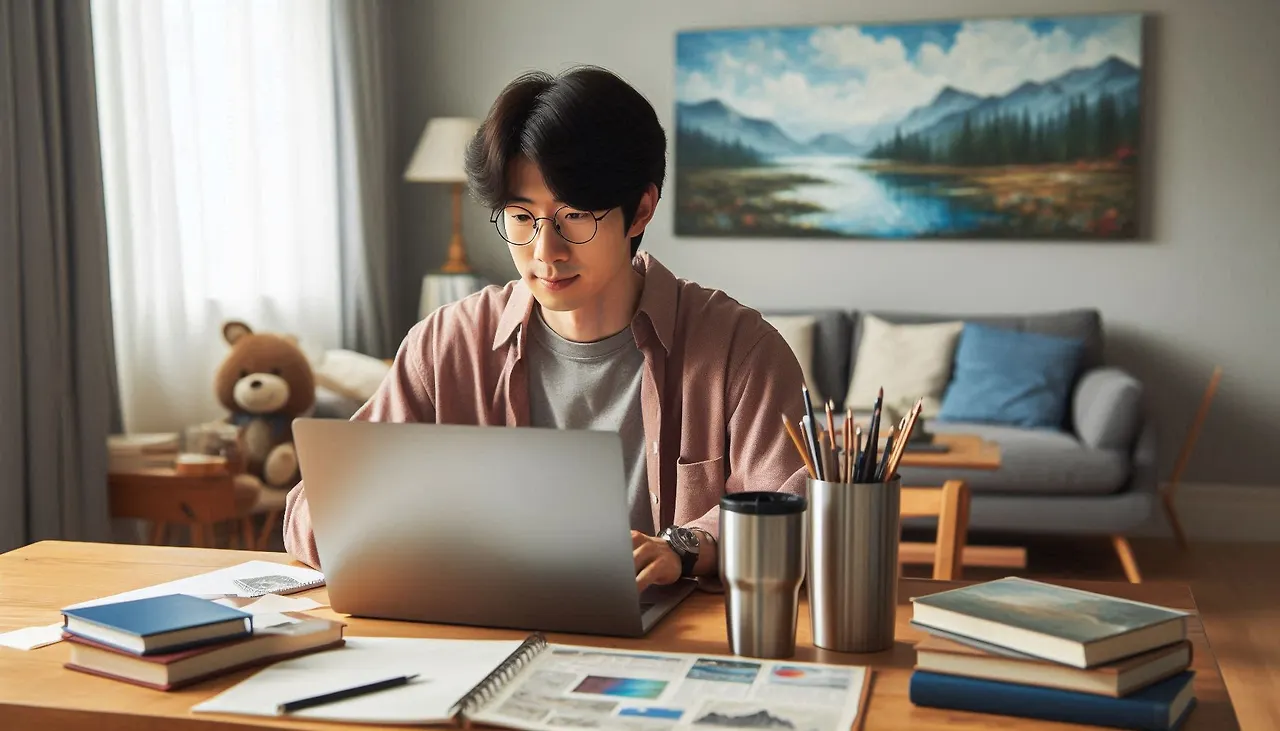 풍경화 그림이 걸려 있는 거실에서, 텀블러가 놓여 있는 책상에서 맥북으로 ….jpeg